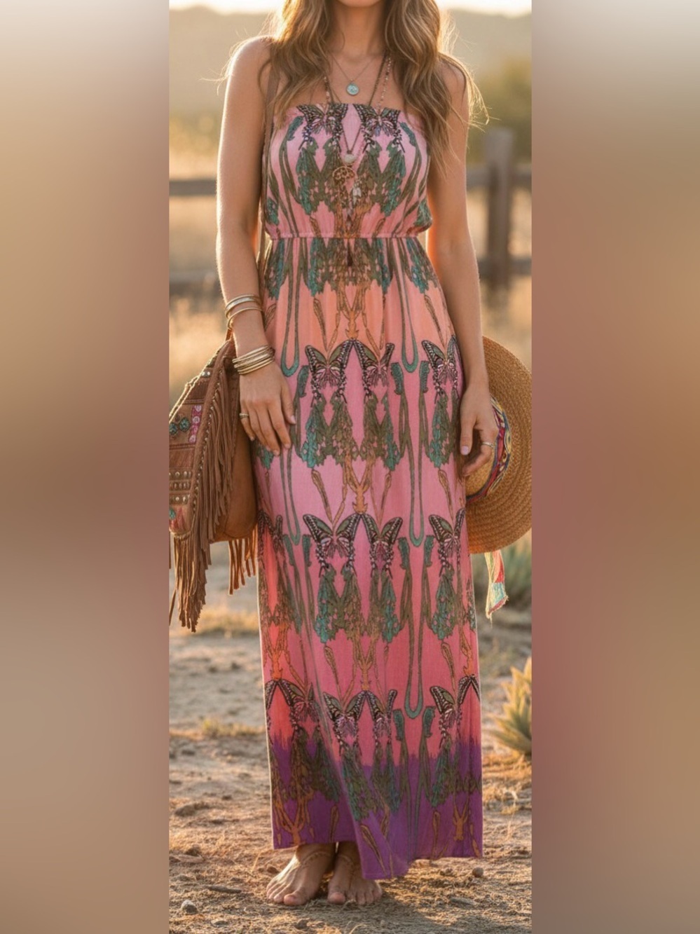 Love Fire Multicolor Ombre Butterfly Fairy Strapless Pink Boho Maxi Dress Size L